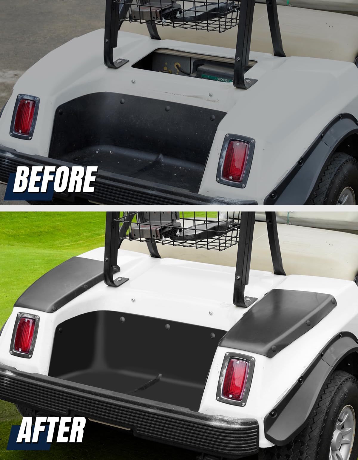 Dacalo rear passenger-side scuff guard on Club Car DS shields against scratches.