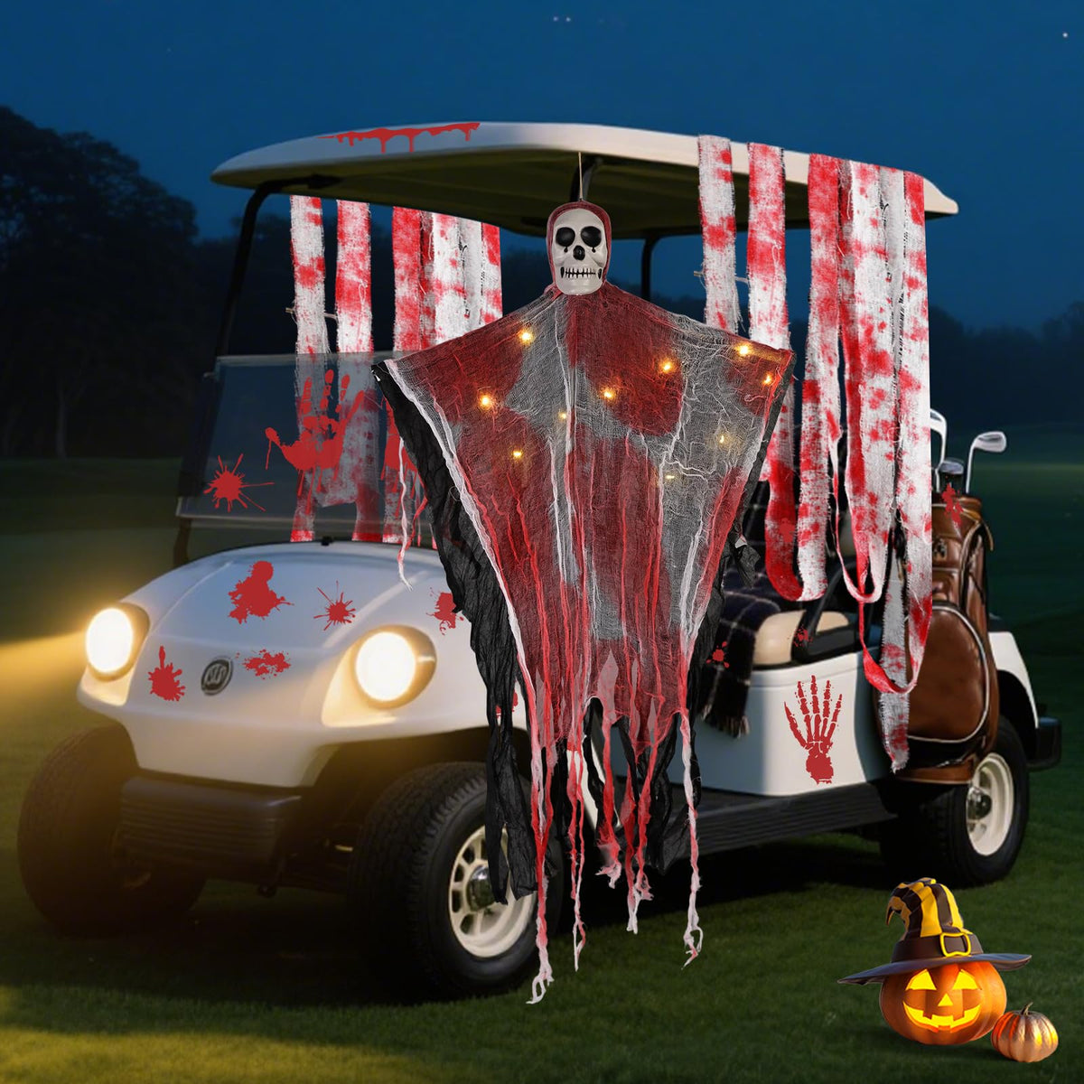 DANHMAO blood handprint stickers on golf cart windows create a spooky Halloween vibe