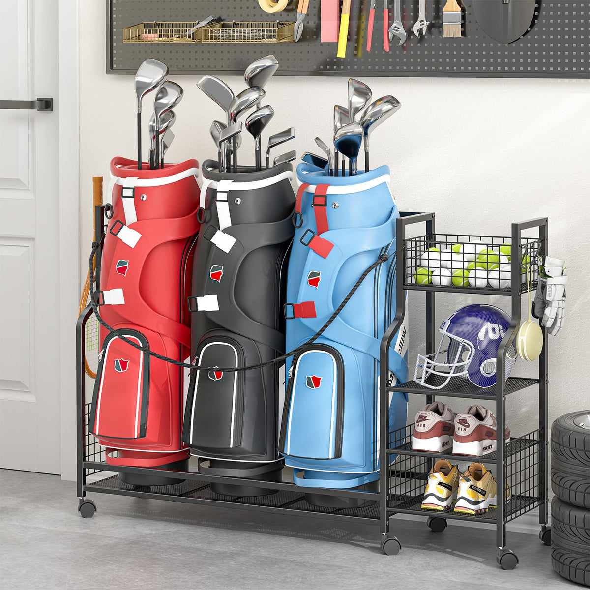 DAOUTIME elastic strap secures golf bag during storage or transport.