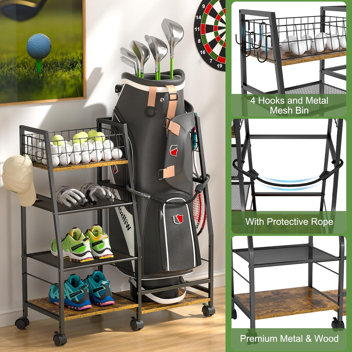 DAOUTIME golf bag rack side storage detail shows adjustable shelves