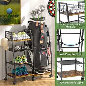 DAOUTIME golf bag rack side storage detail shows adjustable shelves
