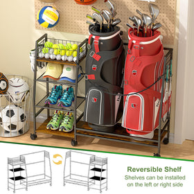 DAOUTIME golf bag storage rack side view shows compact space efficiency