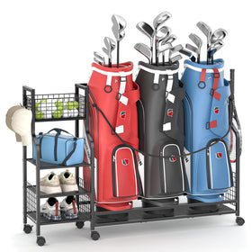 DAOUTIME golf bag storage rack with wheels for easy garage organization.