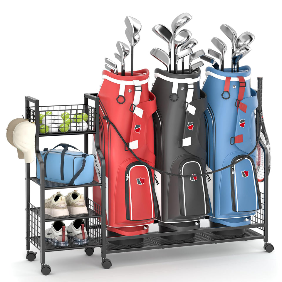 DAOUTIME golf bag storage rack with wheels for easy garage organization.