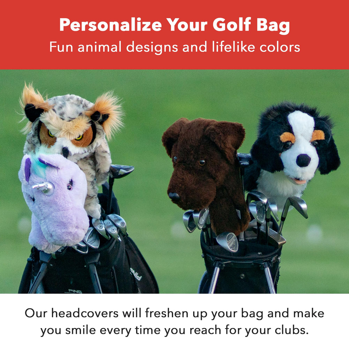 Owl Hybrid Headcover sits on a golf bag among other covers.