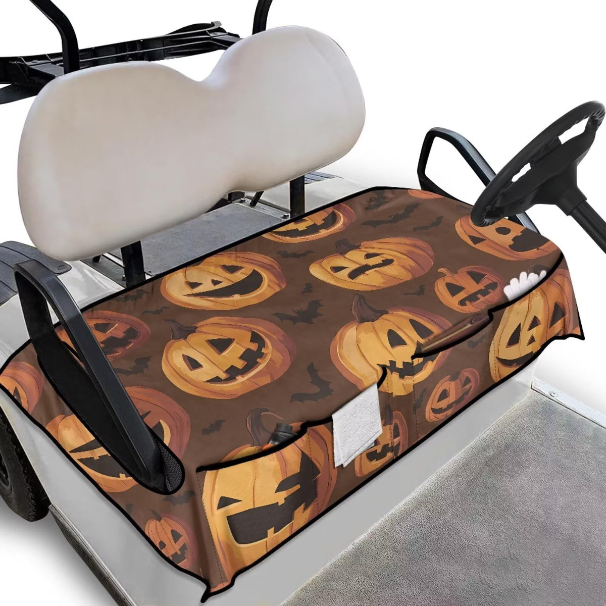 Darisoco Halloween pumpkins golf cart seat cover with front pockets for quick access.