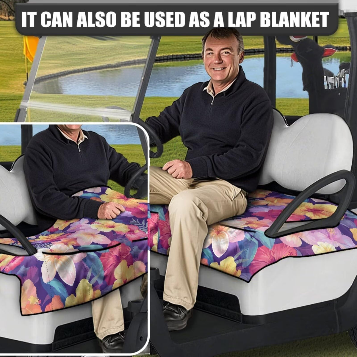 Darisoco all-season golf cart blanket provides breathable warmth.