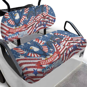 Darisoco American flag seat cover on a 2-seat golf cart for outdoor durability