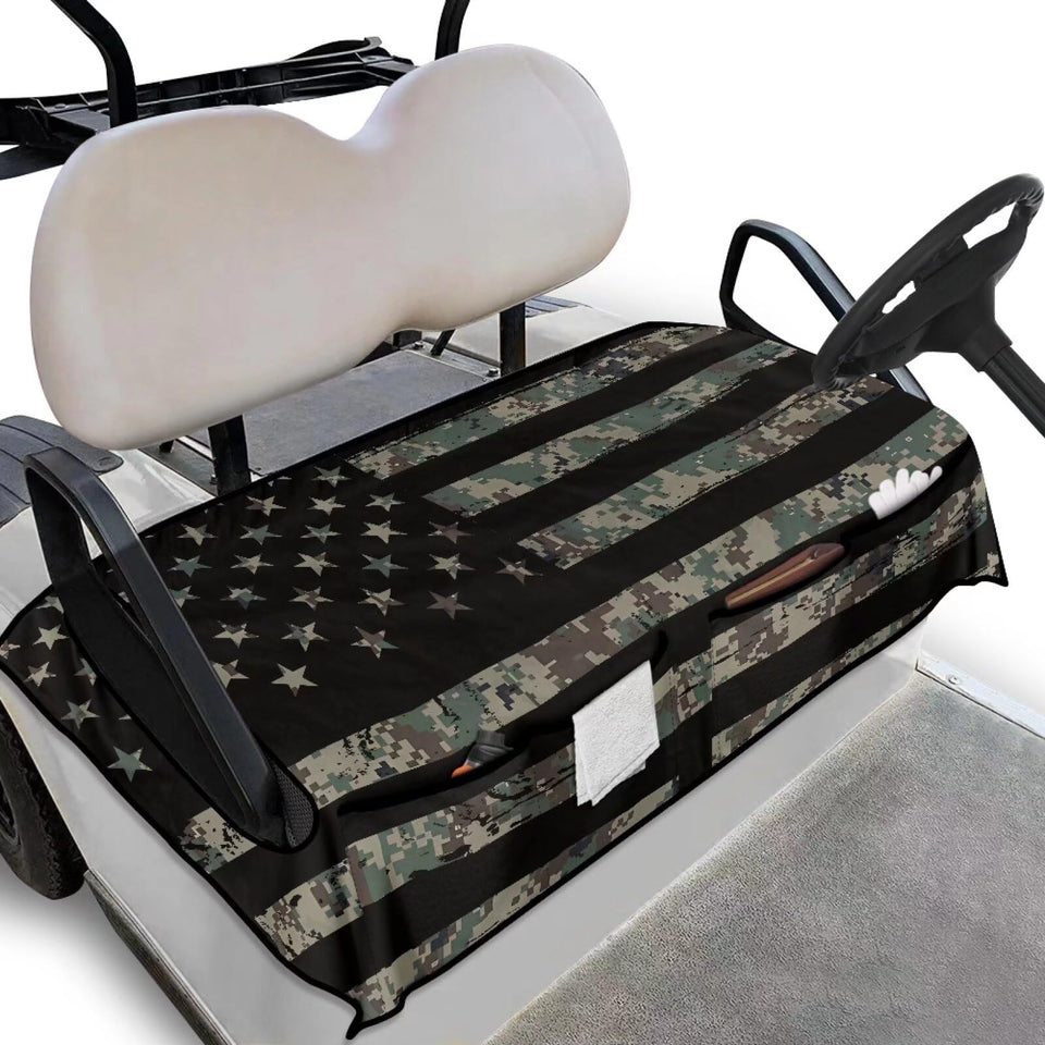 Darisoco American flag seat cover on golf cart protects seats while adding patriotic style