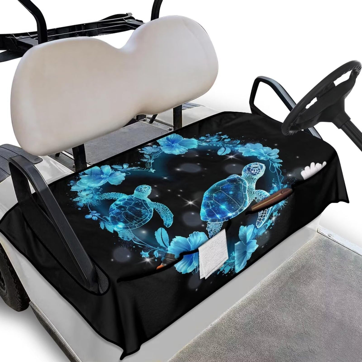 Darisoco blue sea turtle seat cover with pockets protecting seats and adding storage.