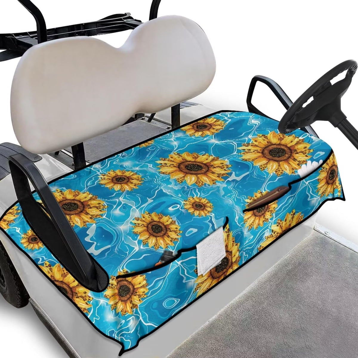 Darisoco blue sunflower seat cover on a golf cart, boosting comfort and style.