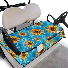 Darisoco blue sunflower seat cover on a golf cart, boosting comfort and style.