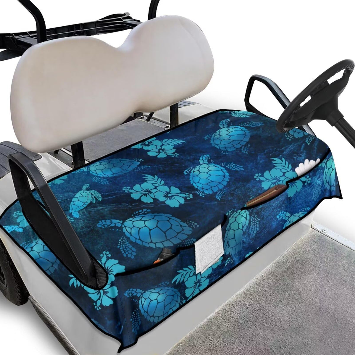 Darisoco Blue Tropical Sea Turtle seat cover protects golf cart seats with vibrant pattern.