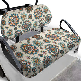 Darisoco Boho Flower seat cover on a two-seat golf cart protects against rain and mud