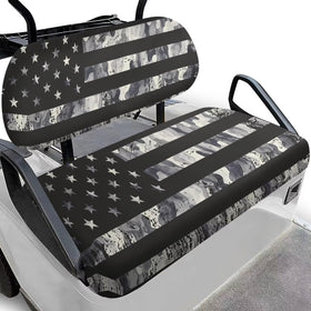 Darisoco camouflage seat cover on a 2-seat golf cart shows rugged protection.