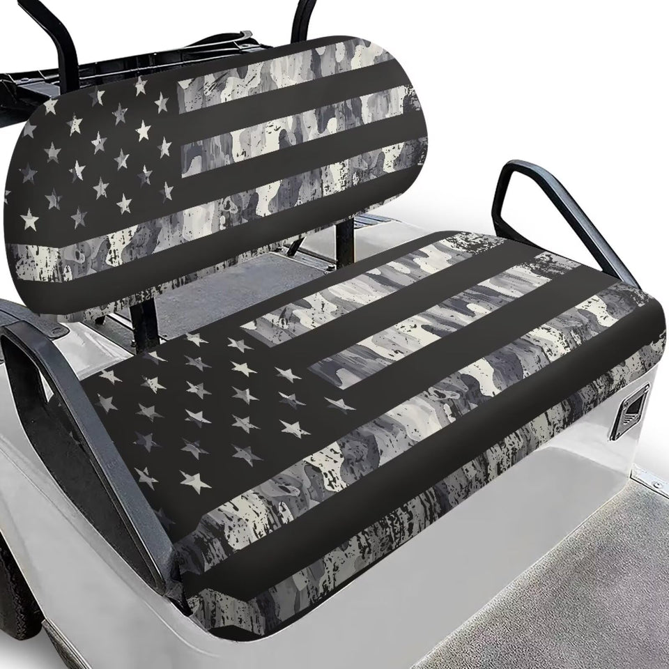 Darisoco camouflage seat cover on a 2-seat golf cart shows rugged protection.