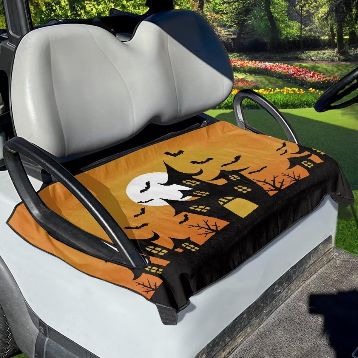 Darisoco Castle Bats club car seat cover protects seats and adds decorative appeal.
