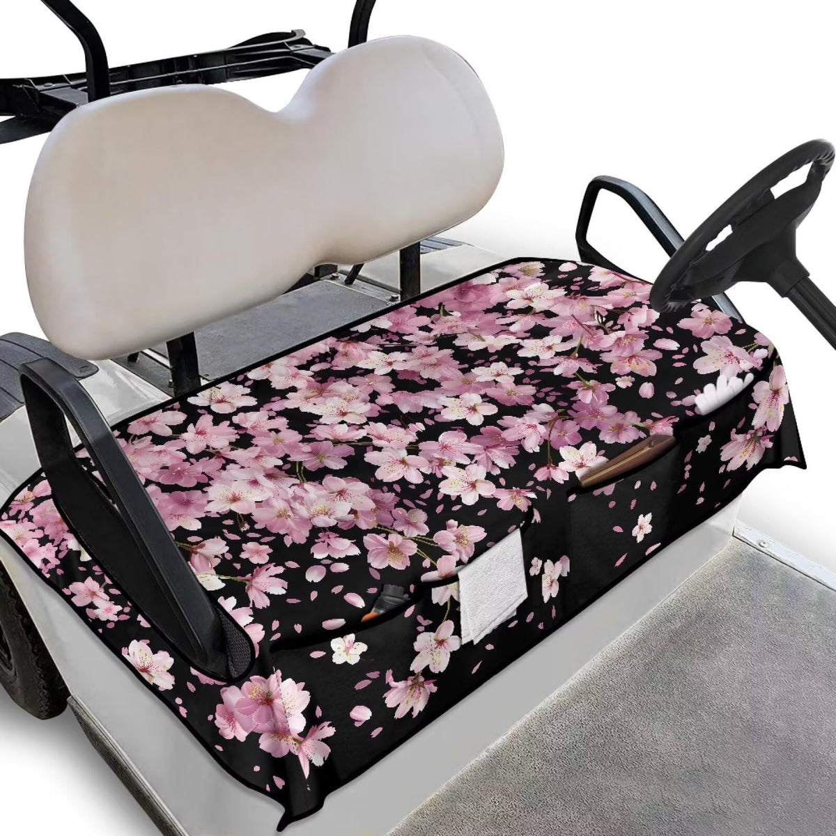 Darisoco Cherry Blossom seat cover with pockets on a golf cart.