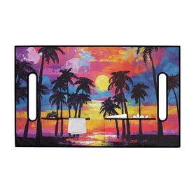 Darisoco colorful sunset palm seat cover on two-person golf cart keeps seats dry and comfy