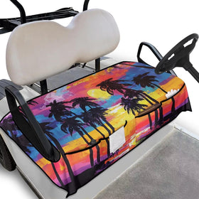 Darisoco color sunset palm seat cover on two-person cart adds visibility and style