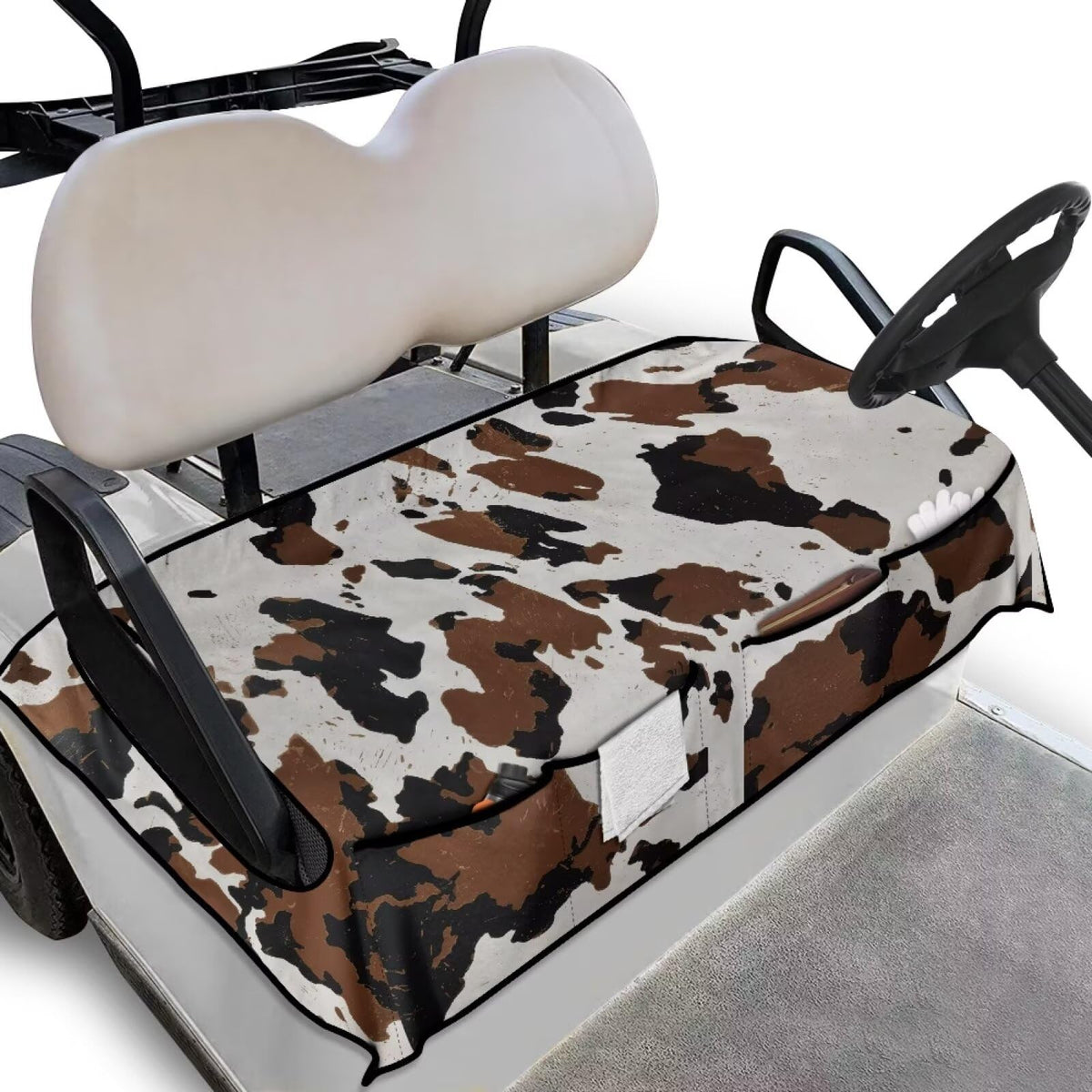 Darisoco cow golf cart seat cover with all-weather protection and four front pockets.