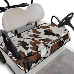 Darisoco cow golf cart seat cover with all-weather protection and four front pockets.