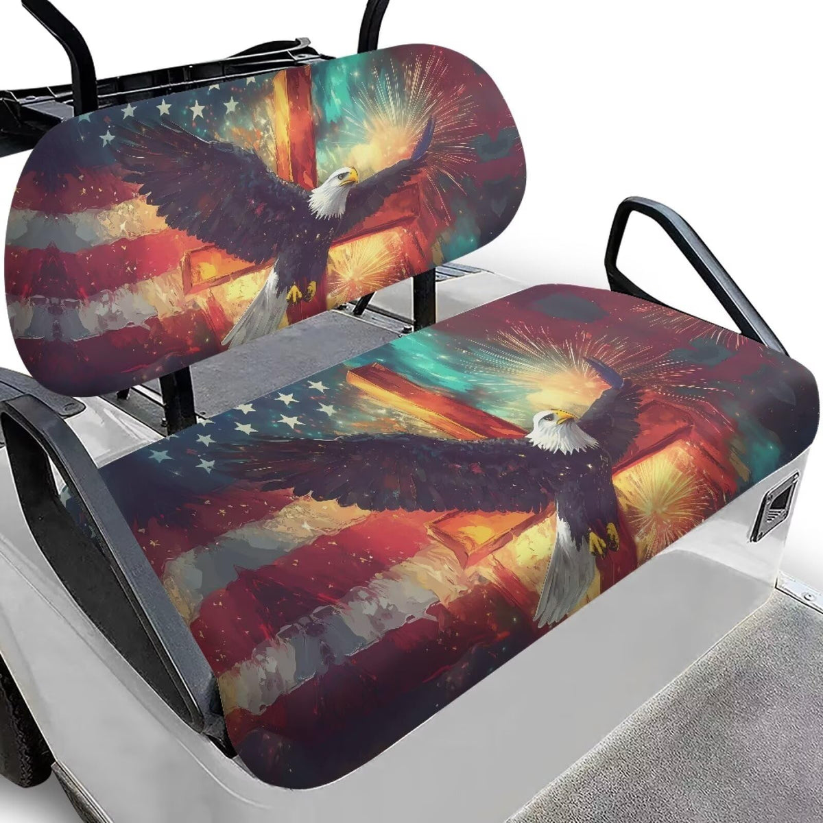 Darisoco Cross Eagle seat cover on a front golf cart seat, rain protection.