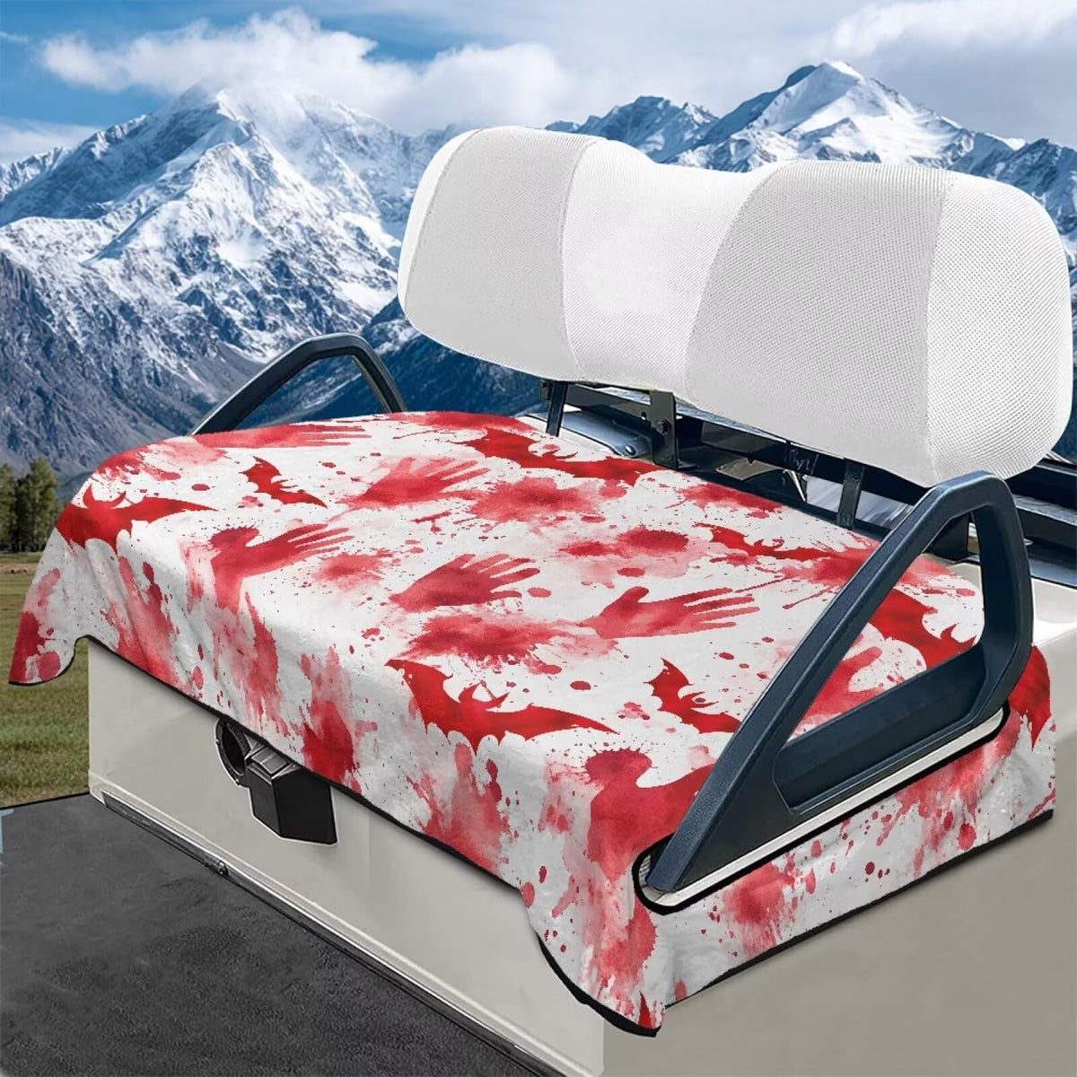 Darisoco Halloween Blood Palm seat cover on a two-seat golf cart, protects seats with bold style.