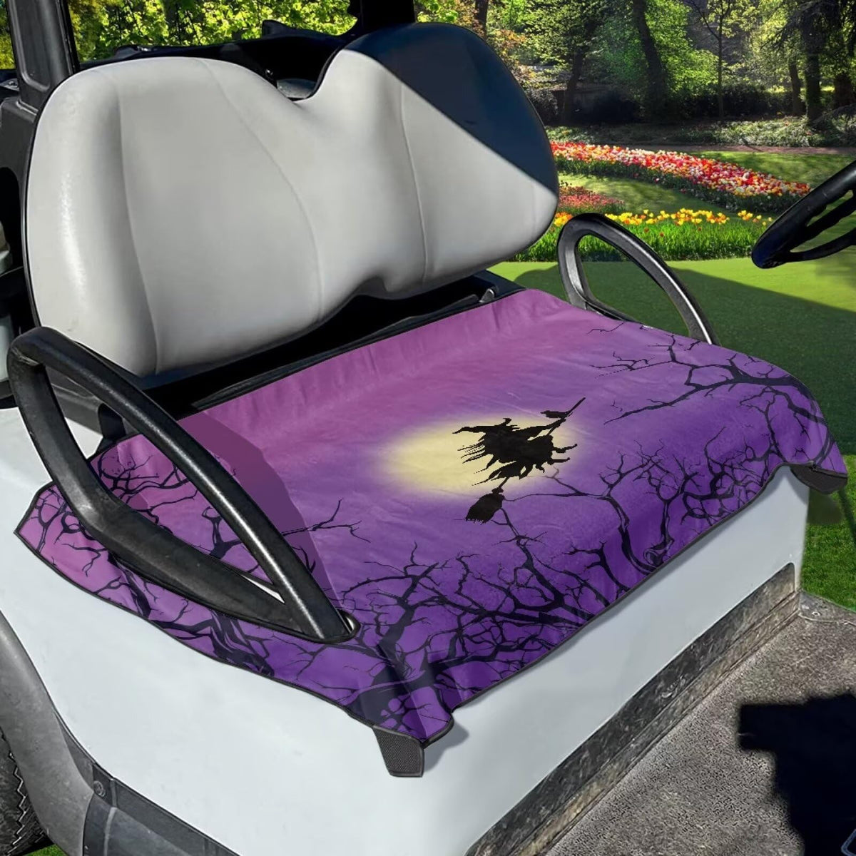 Darisoco Halloween seat covers on a golf cart with festive protection.