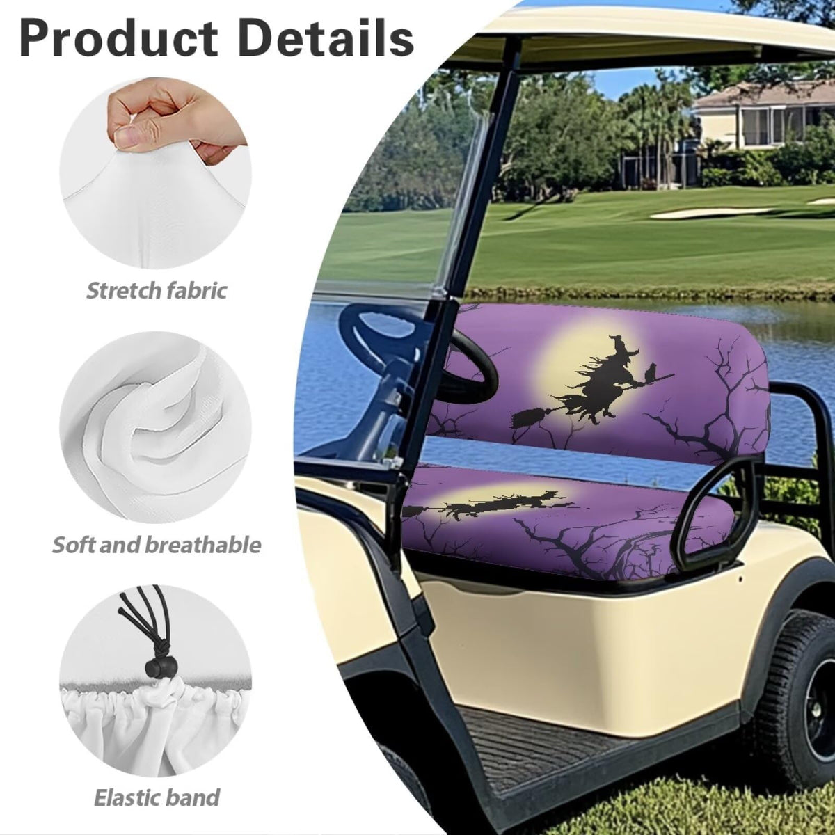 Darisoco Halloween Witch seat-cover four-seat configuration emphasizes full cart protection.