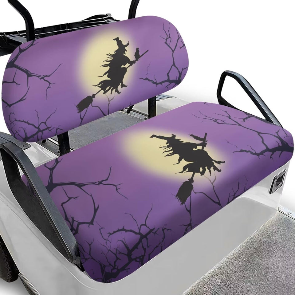 Darisoco Halloween Witch seat-cover front view shows universal fit and seasonal style for golf carts.