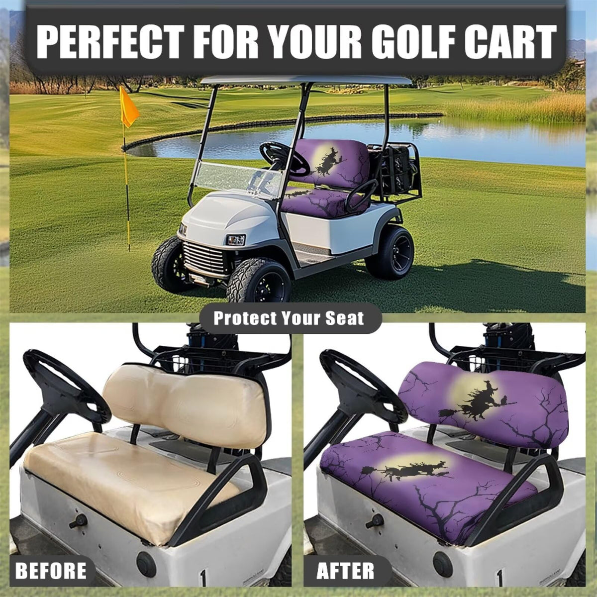 Darisoco Halloween Witch seat-cover universal-fit illustrates compatibility across EZ-GO and Club Car models.