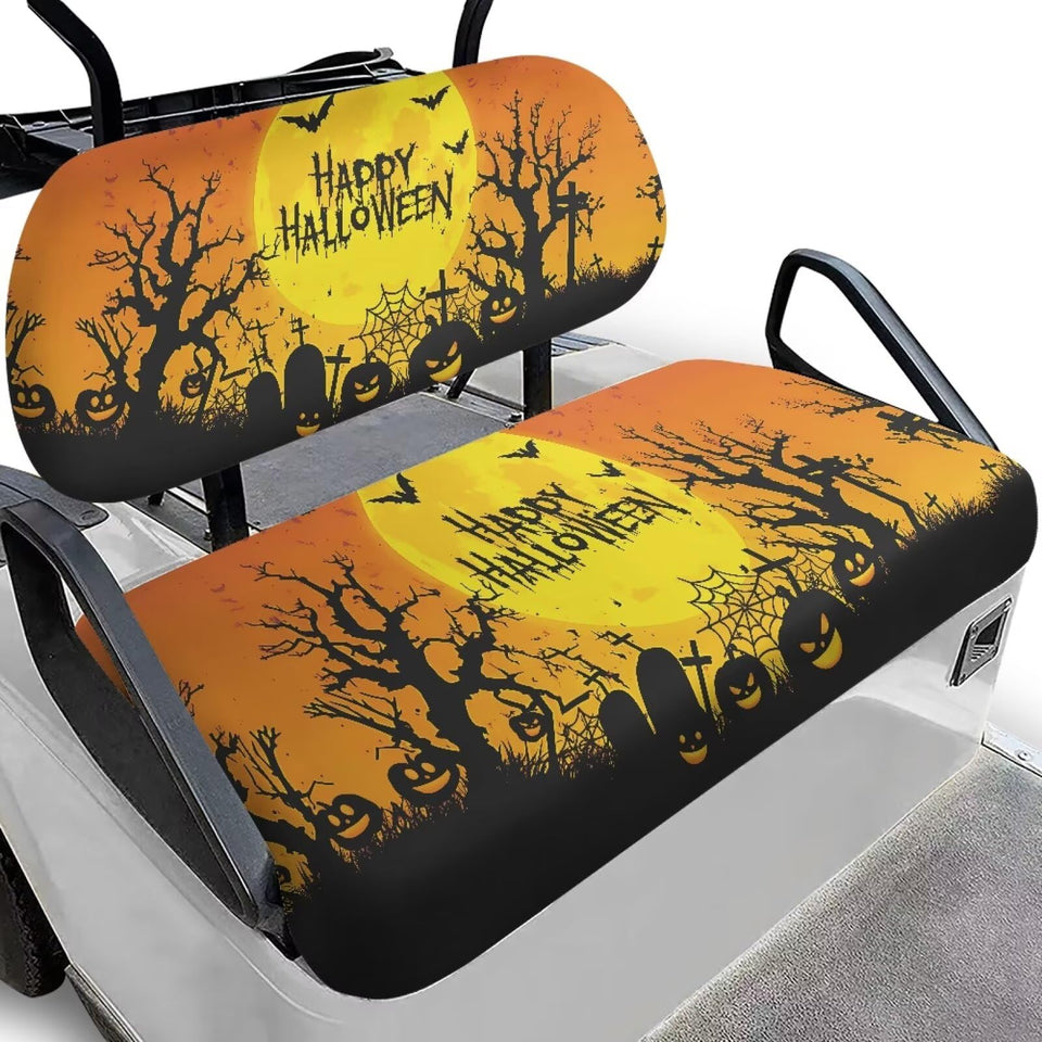 Darisoco Happy Halloween golf cart seat cover protecting seats on the course.