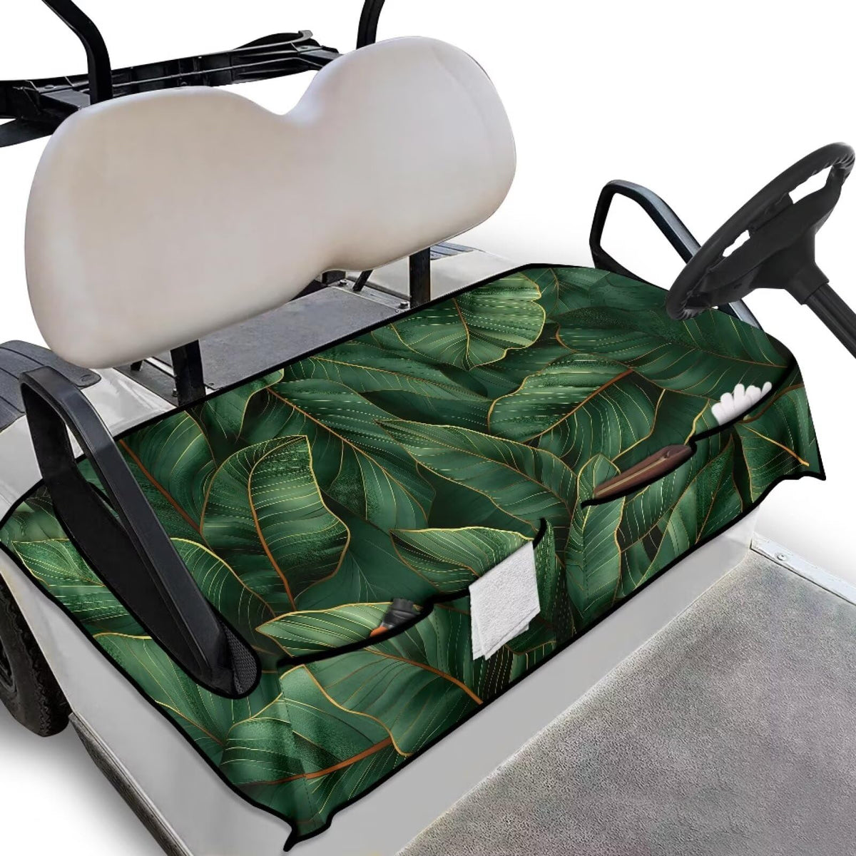 Darisoco leaves-pattern seat cover mounted on a 2-person golf cart for comfort
