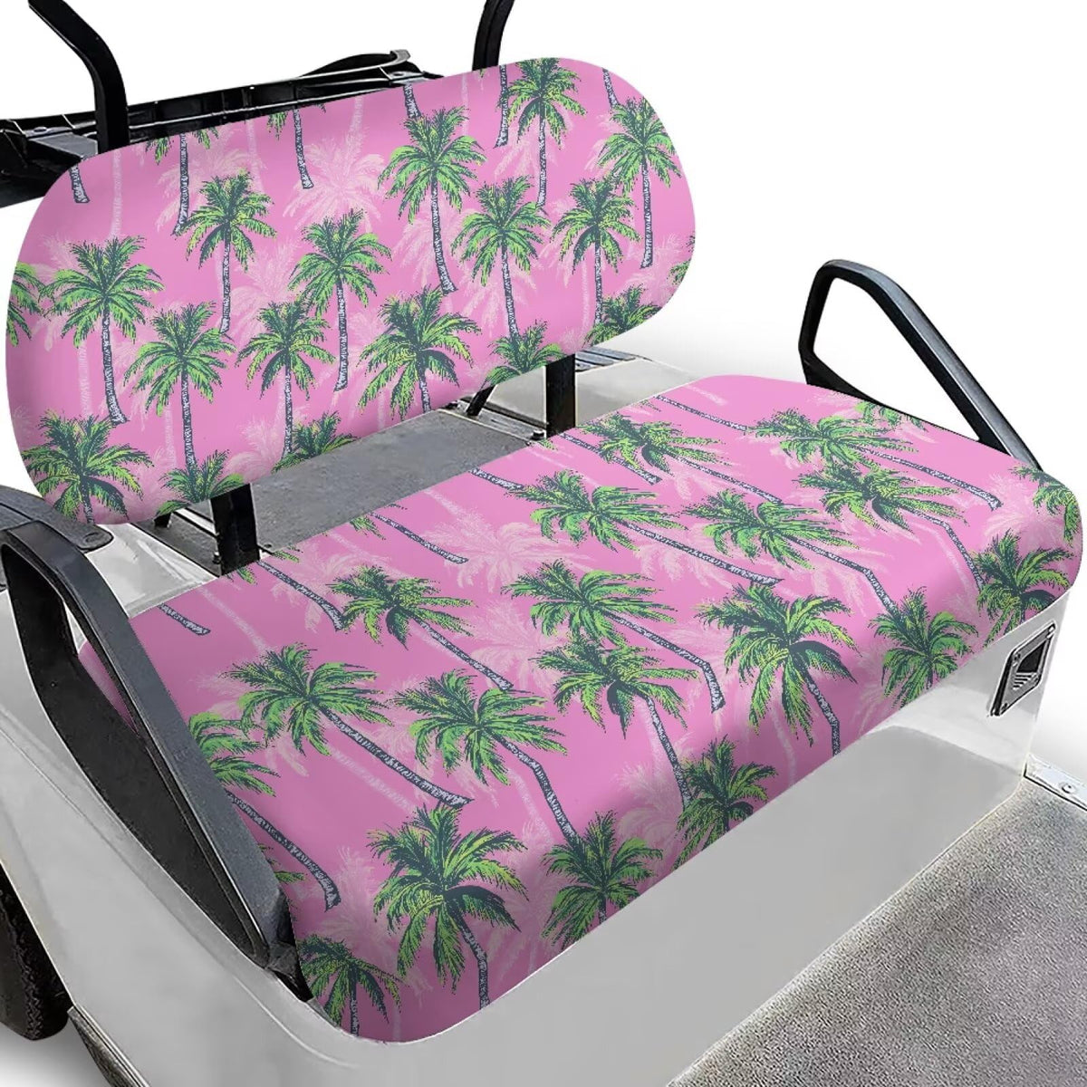 Darisoco pink-green palm seat protector on golf cart with universal fit