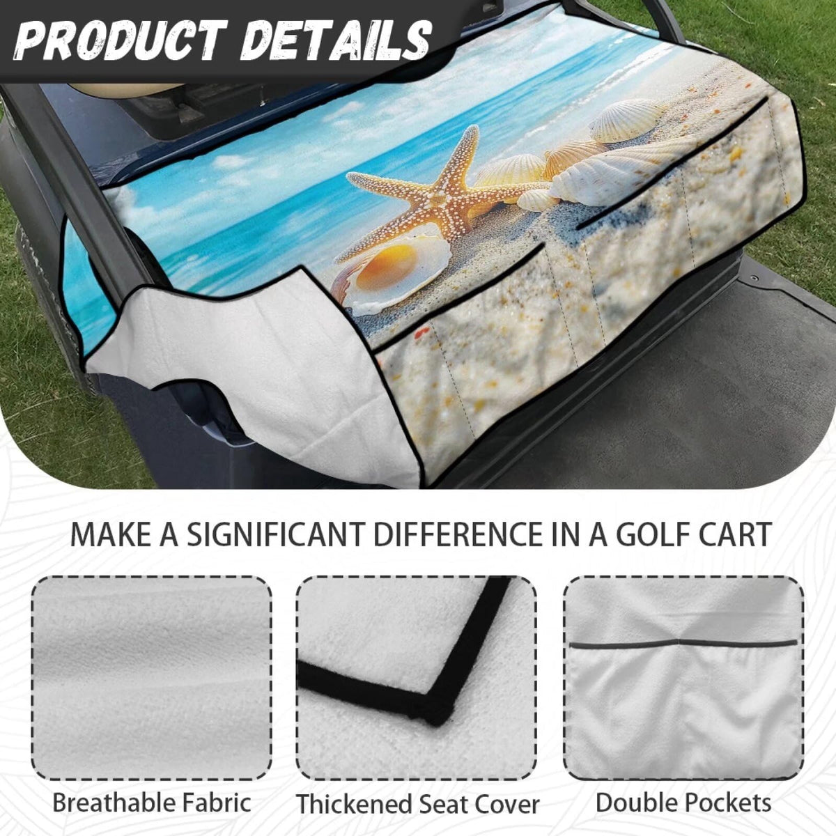 Darisoco Sea Shell seat cover folded for portability and cleaning.