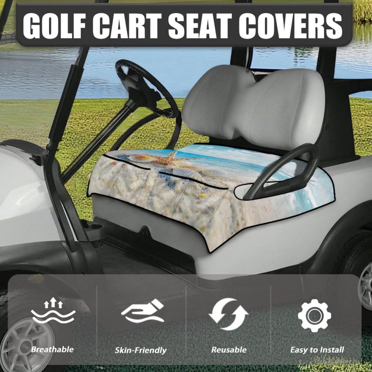 Darisoco Sea Shell seat cover front pockets keep towels and glasses handy.