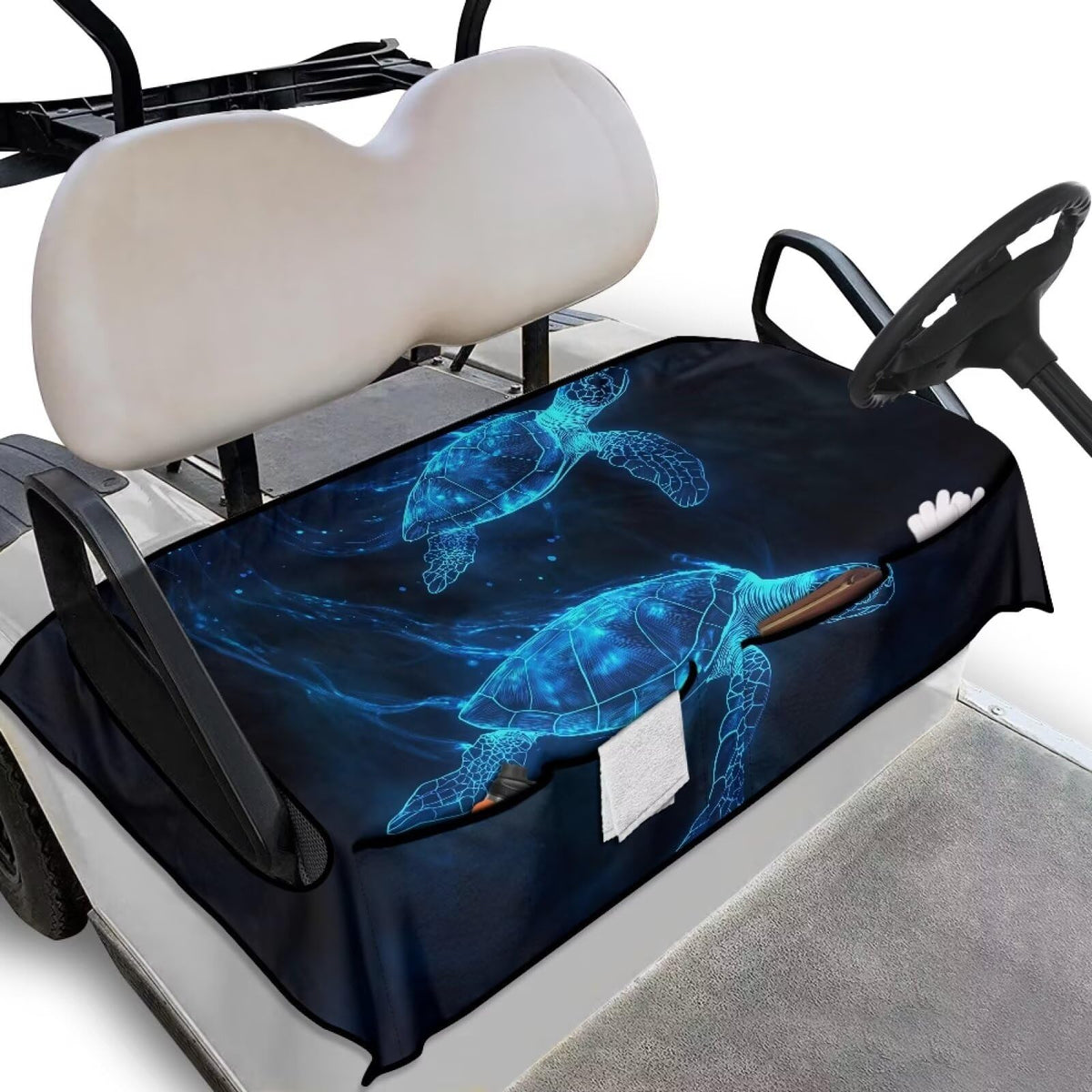 Darisoco sea turtle pattern seat cover on a golf cart, cushioning and protecting the seat