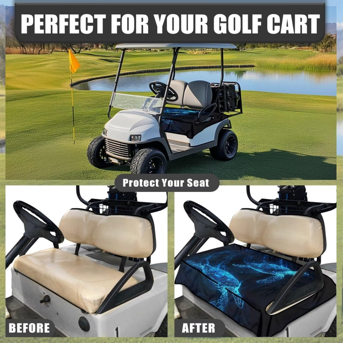 Darisoco sea turtle pattern seat cover easily attaches to most golf carts