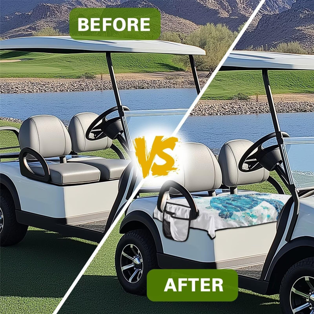 Vibrant color options for Darisoco Sea Turtle seat cover on a cart