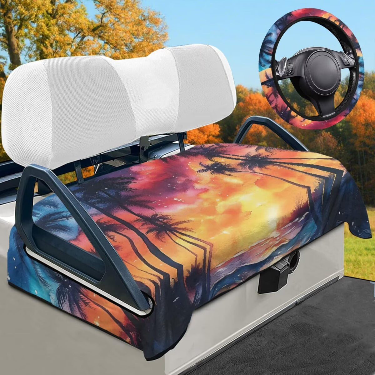 Darisoco Sunset Palm seat cover on a 52x32 inch golf cart seat for protection and color.
