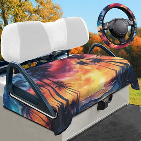 Darisoco Sunset Palm seat cover on a 52x32 inch golf cart seat for protection and color.