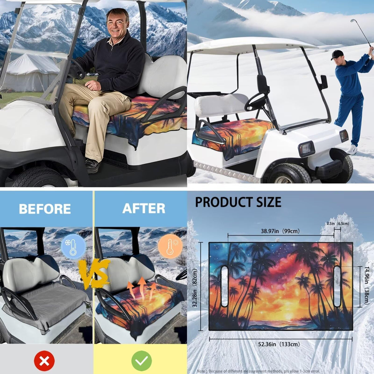 Darisoco Sunset Palm universal-fit seat cover on a standard 2/4-seat cart.