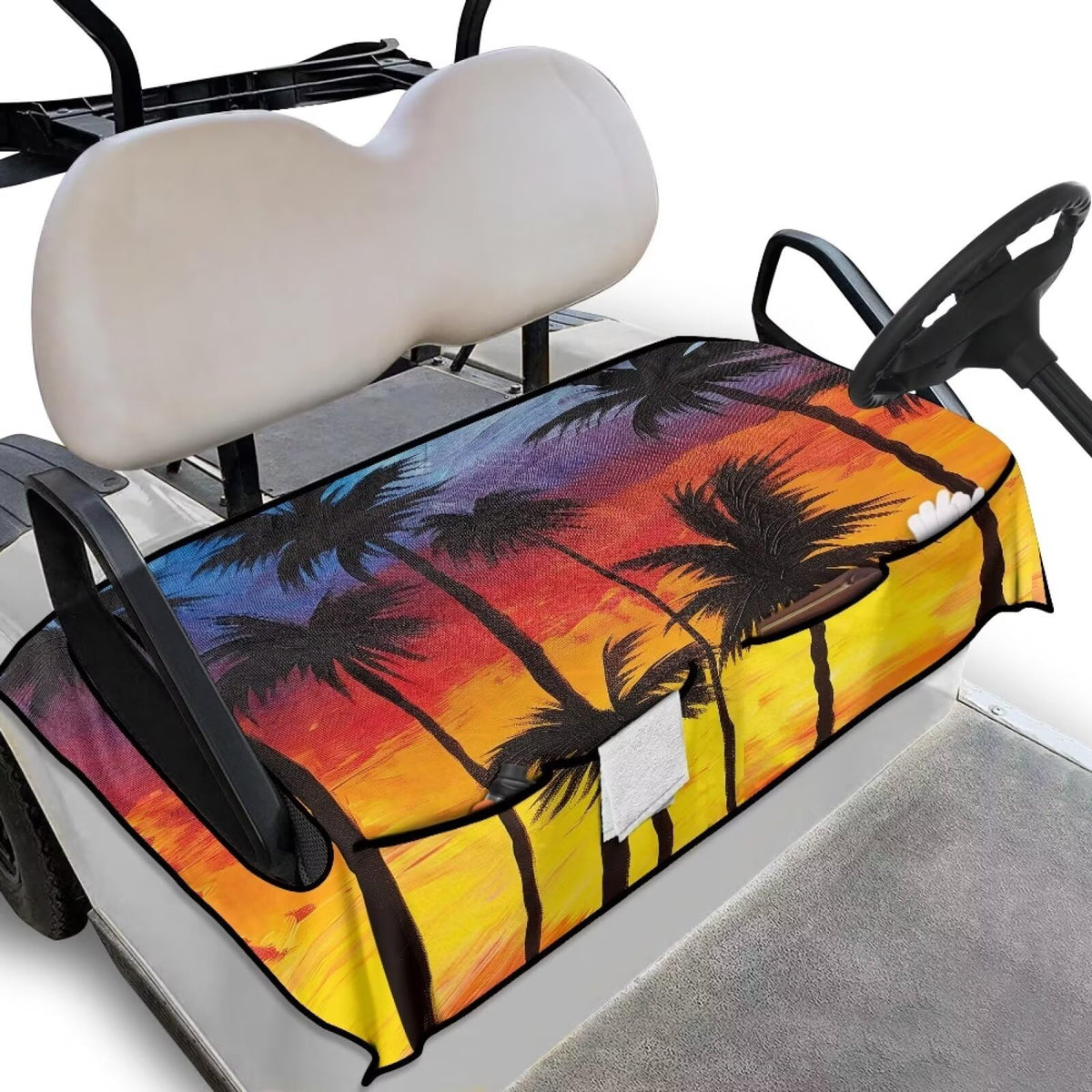 Darisoco Sunset Palm seat cover protects golf cart seats with a vibrant tropical pattern.