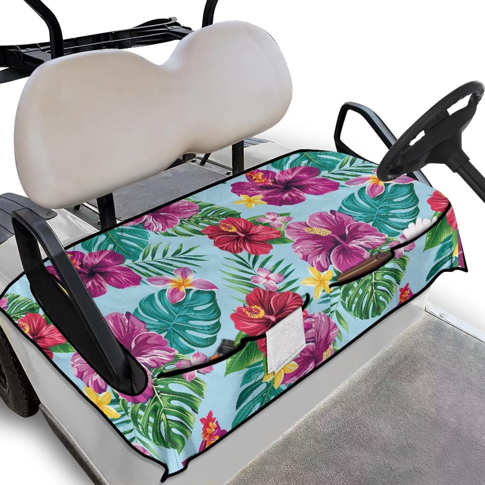 Darisoco tropical flower seat blanket on golf cart for vibrant style and seat protection.
