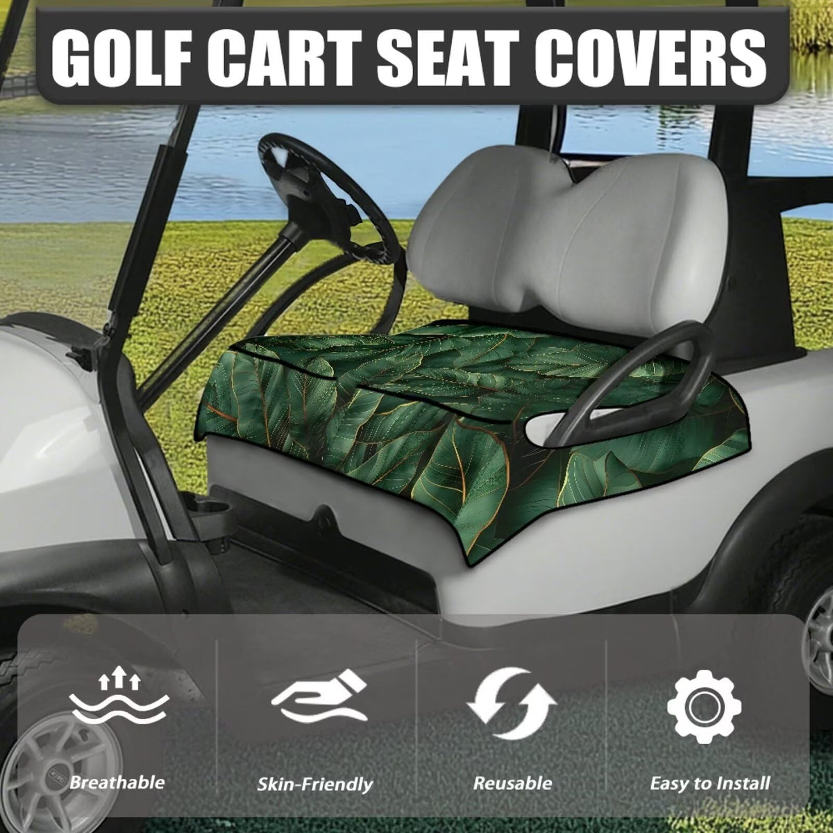 Darisoco universal-fit seat cover attatched to a standard two-seat golf cart