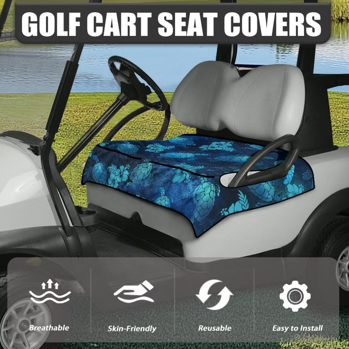 Darisoco universal seat cover fits 52x32 inch two-person golf cart seats.
