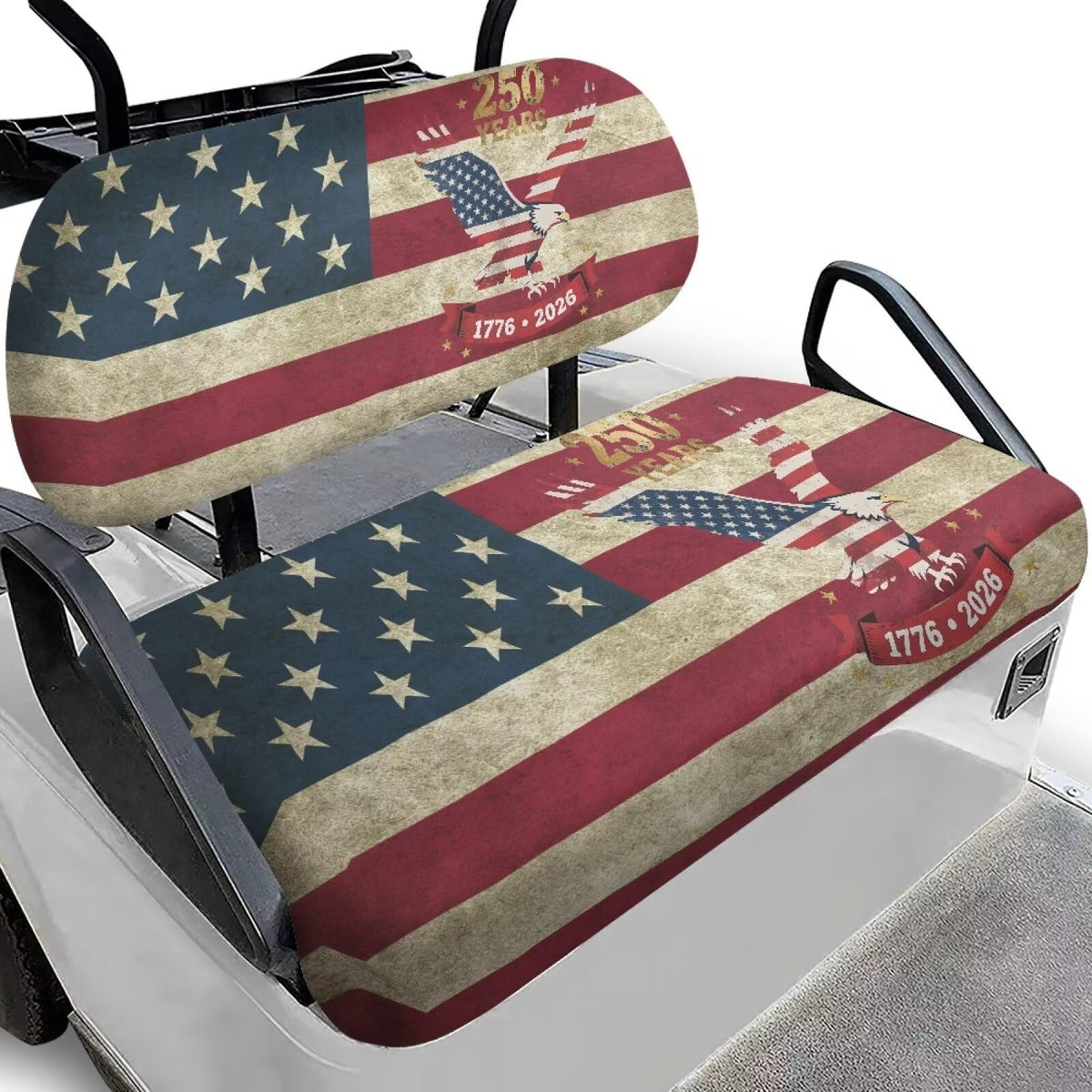 Darisoco 250 Anniversary American flag seat cover on a golf cart for durable, patriotic style.
