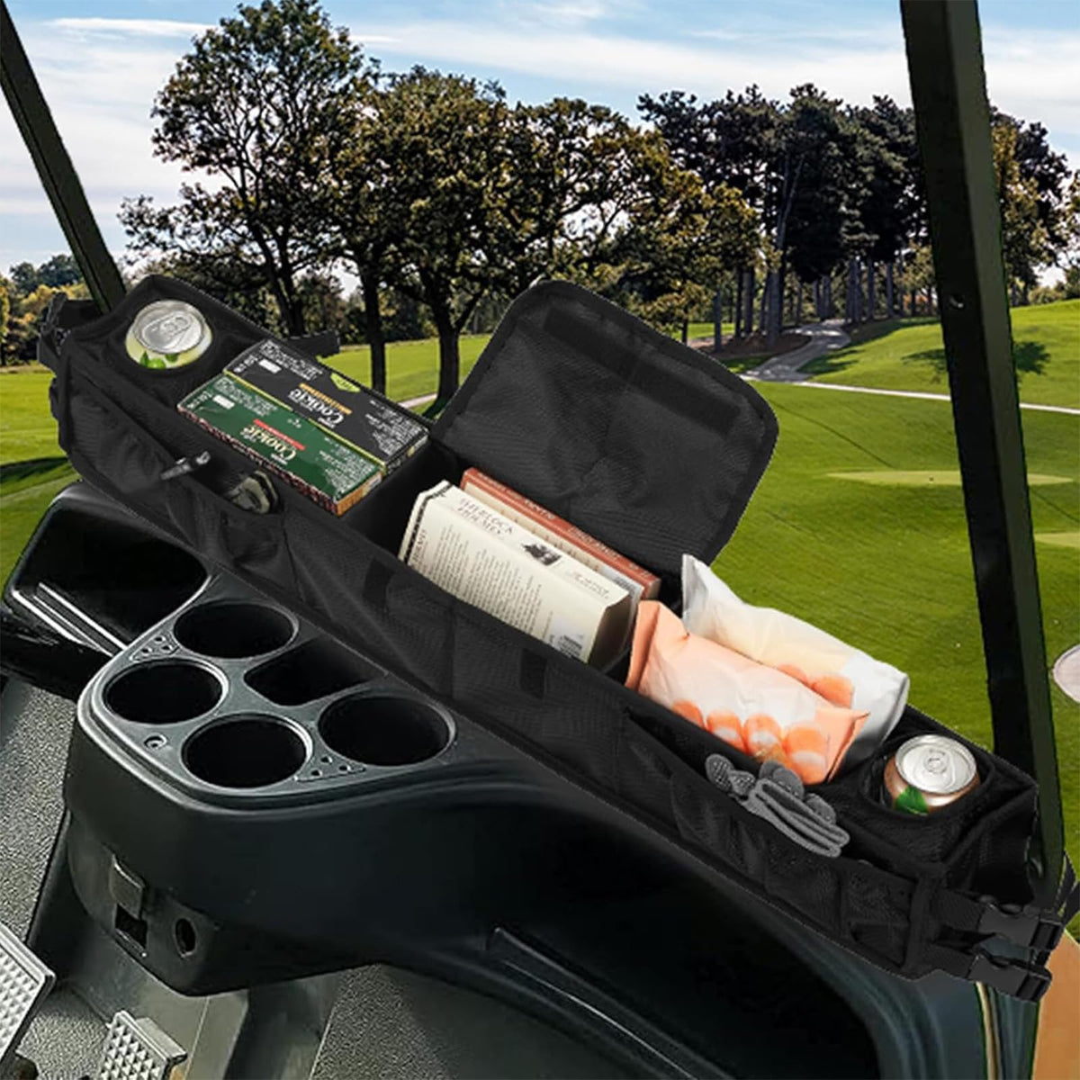 Daspom front storage basket installs without drilling for EZGO and Club Car.