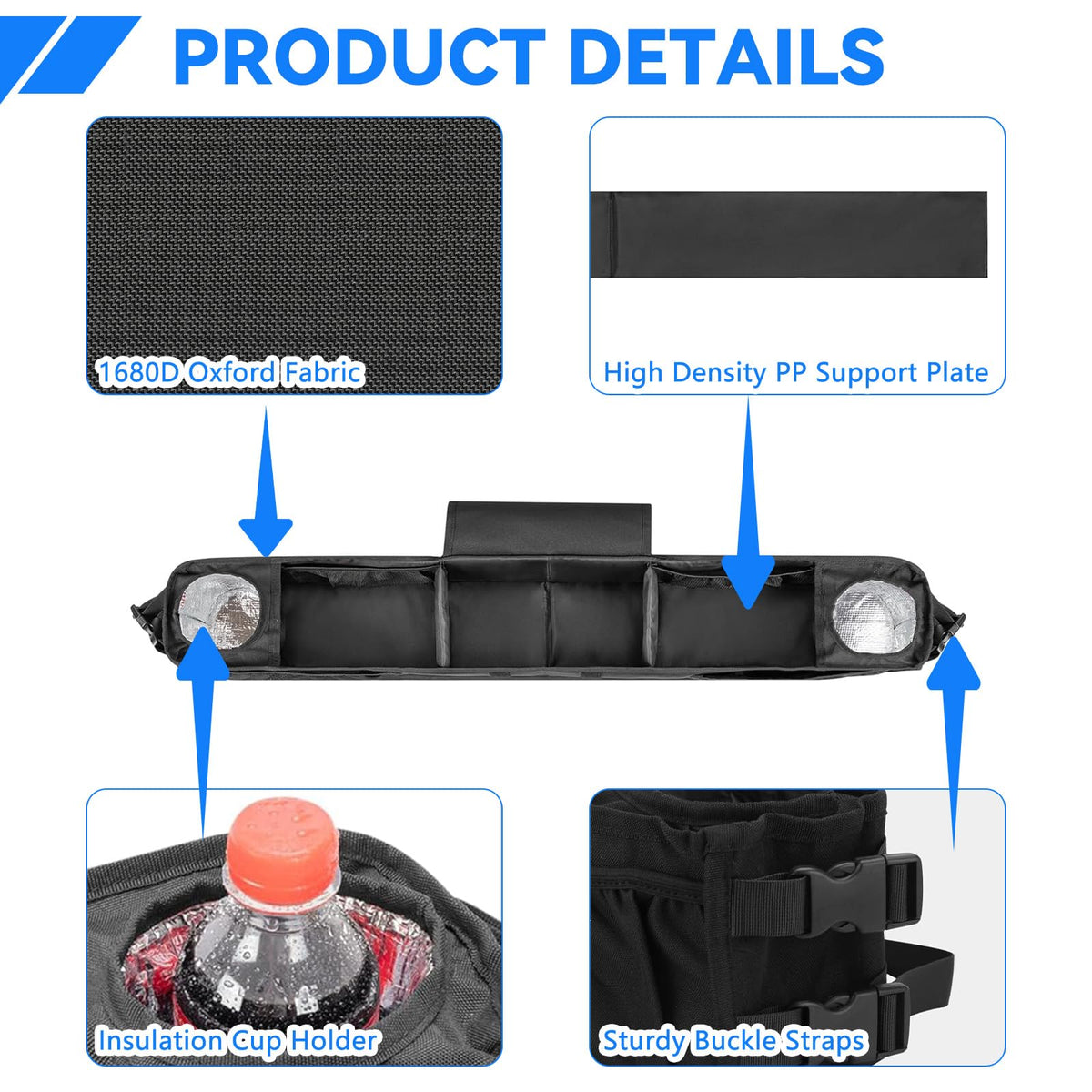 Daspom insulated cup holders secure drinks during rides and reduce spills.